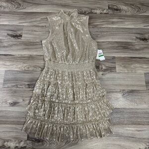 NWT 1.State Sparkle Smocked Tiered Sleeveless Mini Dress Gold Size Large